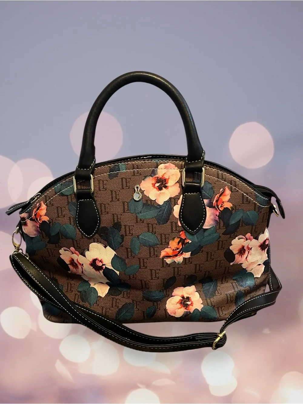 London Fog Floral Monogram Dome Satchel Handbag Brown Pink